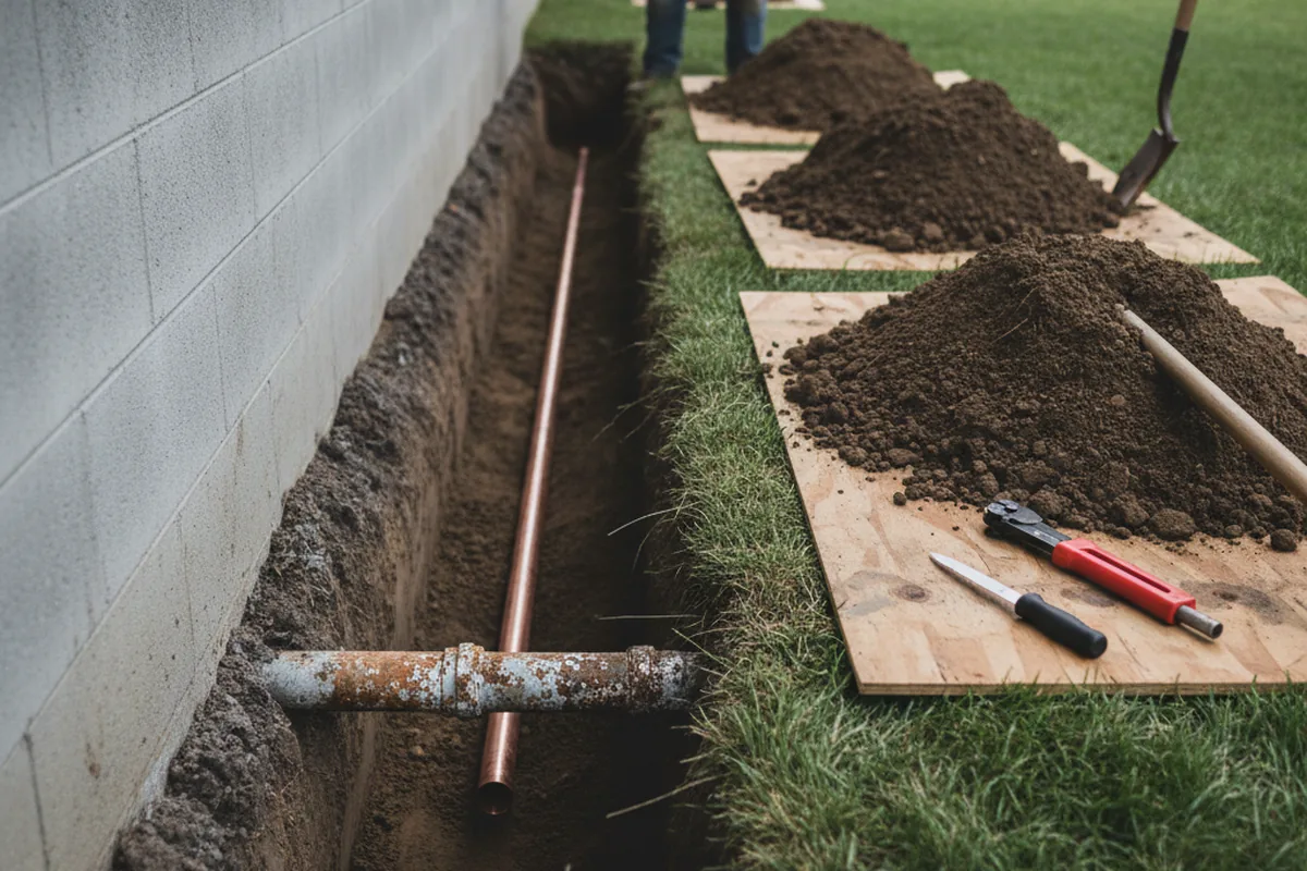Excavated water line trench during Sewer Line Repair in Lairdsville